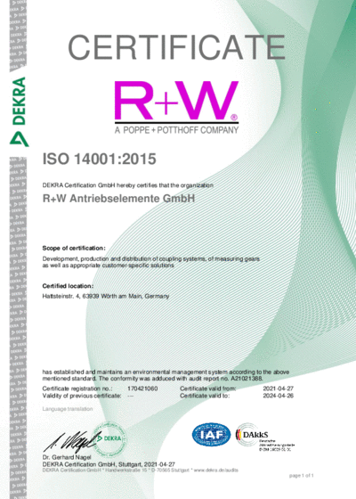 R+W ISO 14001:2015 DEKRA Certificate
