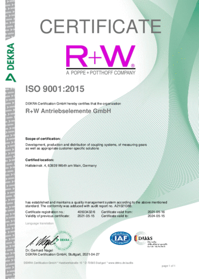 R+W ISO 9001:2015 DEKRA Certificate